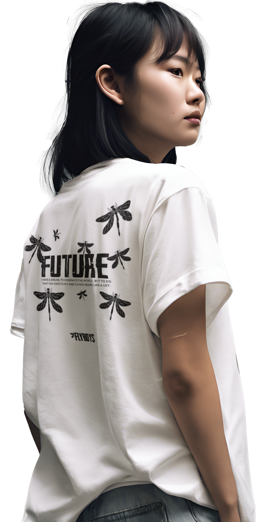 Modelo asiatica de costas utilizando uma camiseta off white com estampa preta